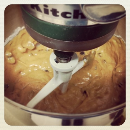 Baking was also part of our weekend.  Here is some batter for pumpkin-chocolate chip muffins.